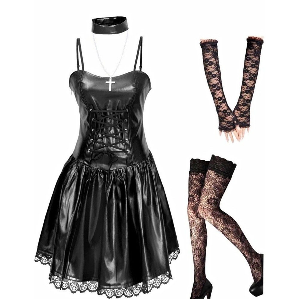 Misa Amane Anime Black Faux Leather Cosplay Dress XL Lace Trim Whimsigoth Goth